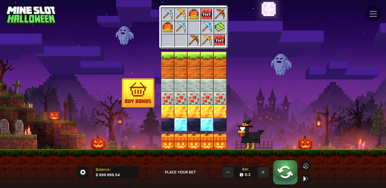 Mine Slot Halloween se sloupci bloků, nástroji nahoře a tlačítkem Buy Bonus
