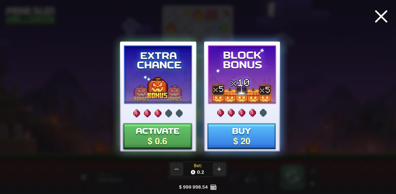 Nabídka Extra Chance a Block Bonus v Mine Slot Halloween ve verzi pro počítač