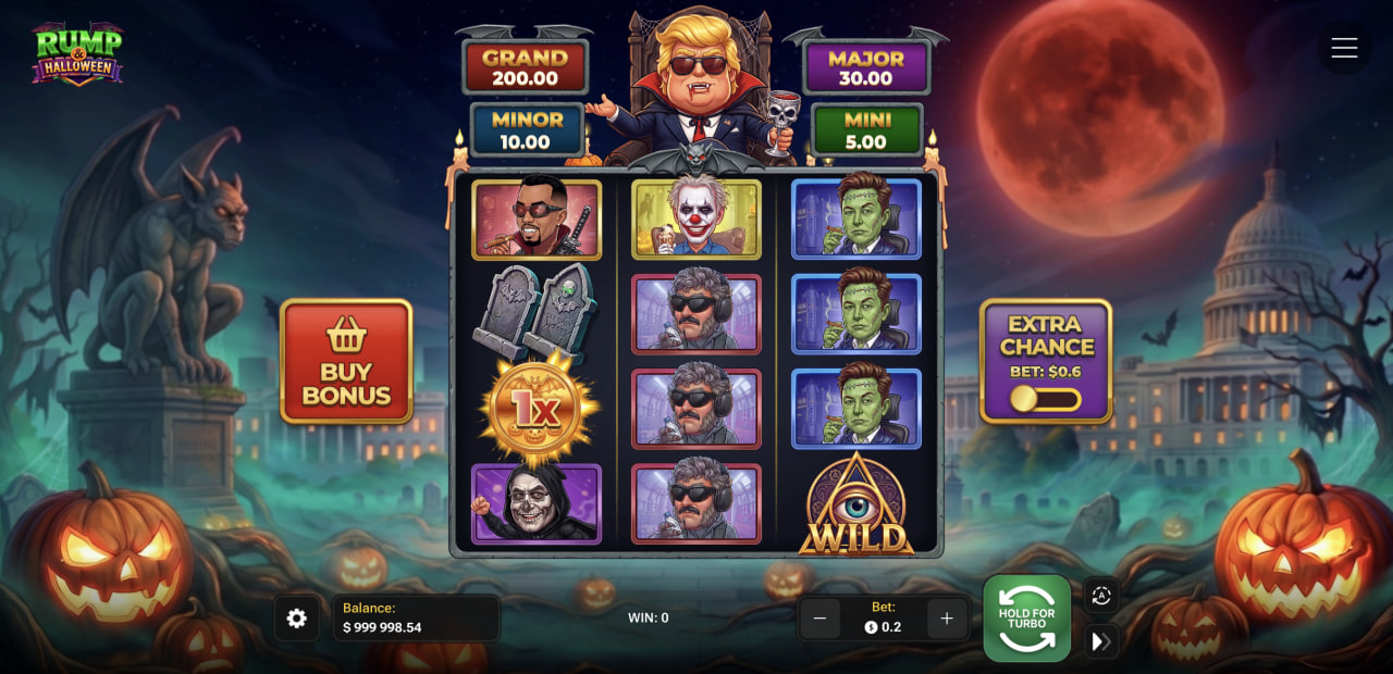 Mřížka Rump & Halloween se čtyřmi jackpoty a tlačítky Buy Bonus a Extra Chance